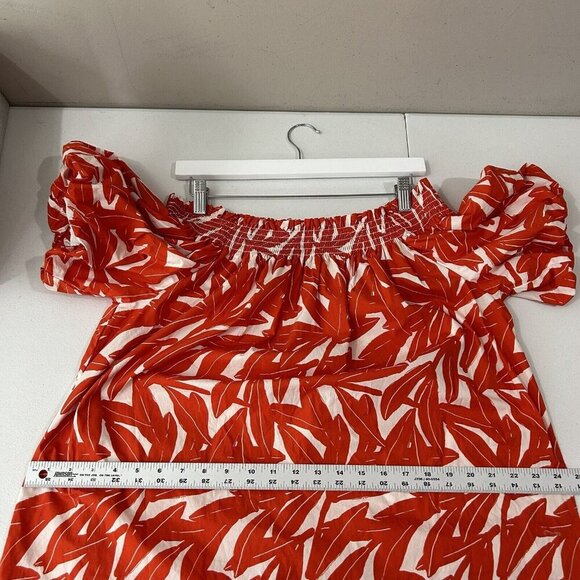 Whit Two Anthro Womens Dress Medium Red Banana Leaf Off Shoulder Smocked Poplin - Picture 8 of 13
